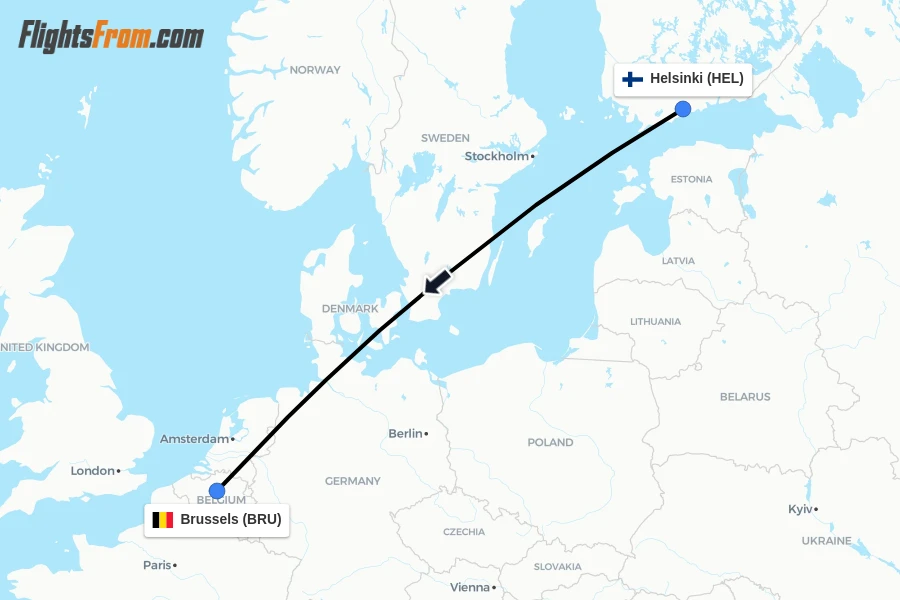 Flights from Helsinki to Brussels route map