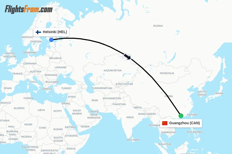 Flights from Helsinki to Guangzhou route map
