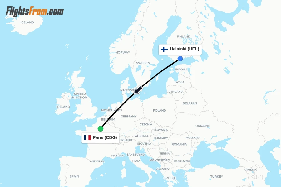 Flights from Helsinki to Paris route map