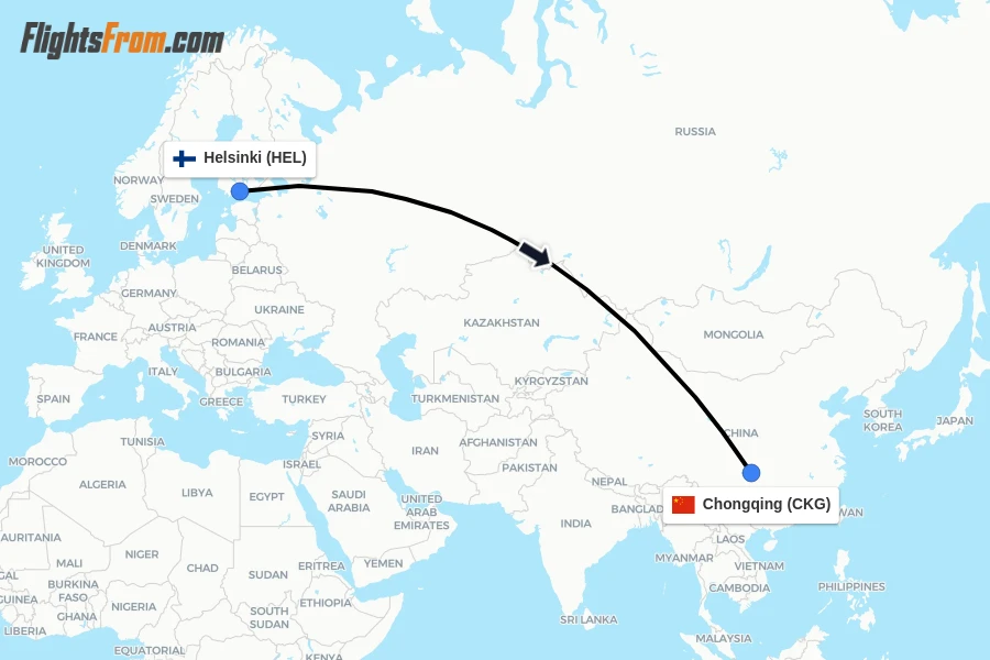 Flights from Helsinki to Chongqing route map