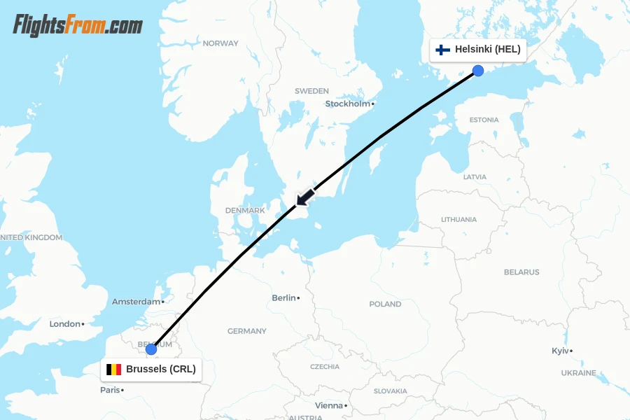 Flights from Helsinki to Brussels route map