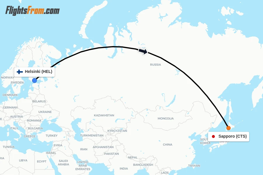 Flights from Helsinki to Sapporo route map
