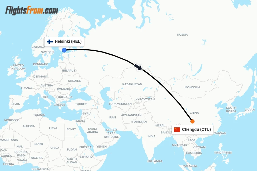 Flights from Helsinki to Chengdu route map