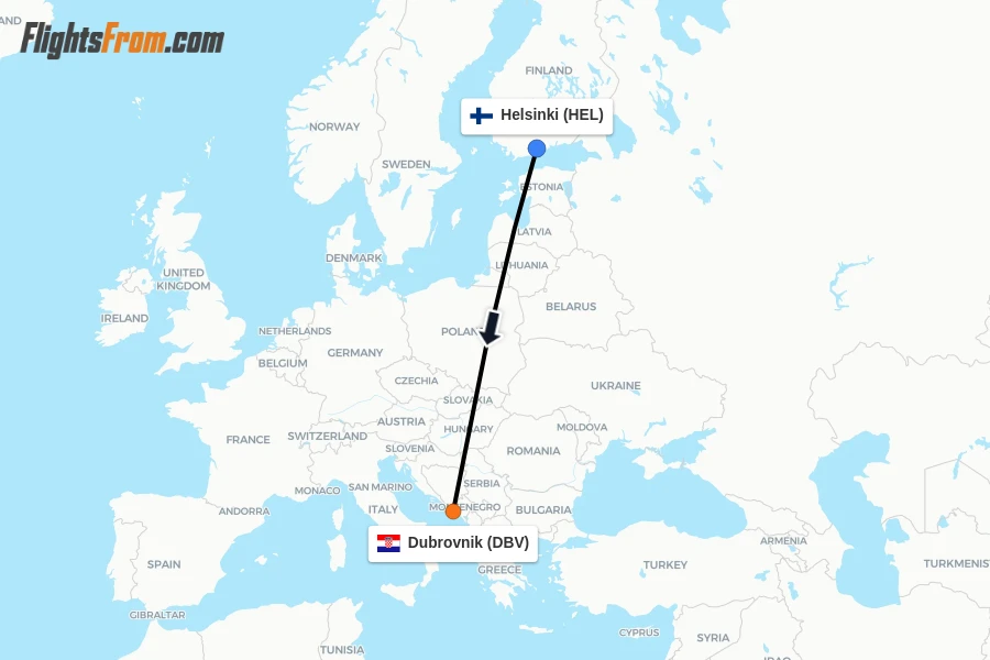Flights from Helsinki to Dubrovnik route map