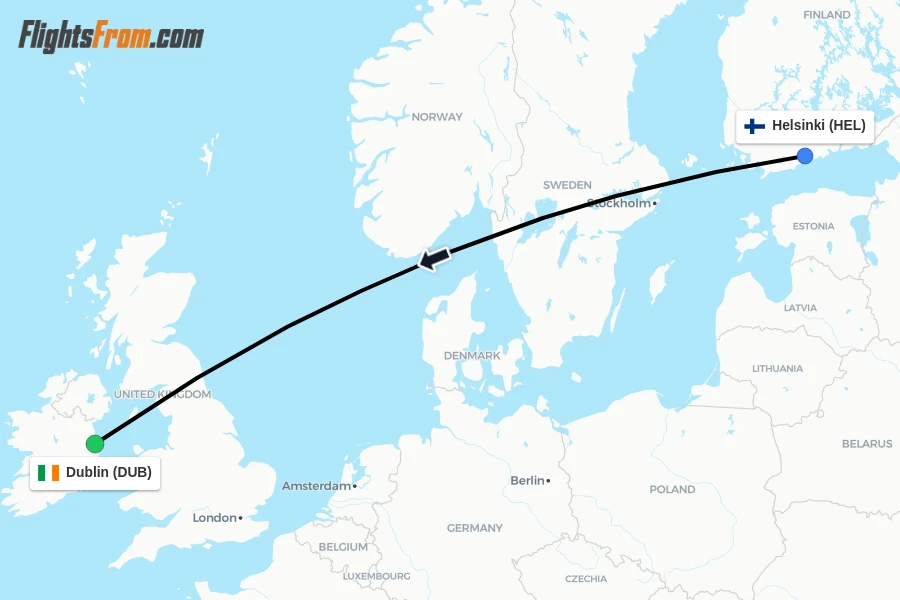 Flights from Helsinki to Dublin route map