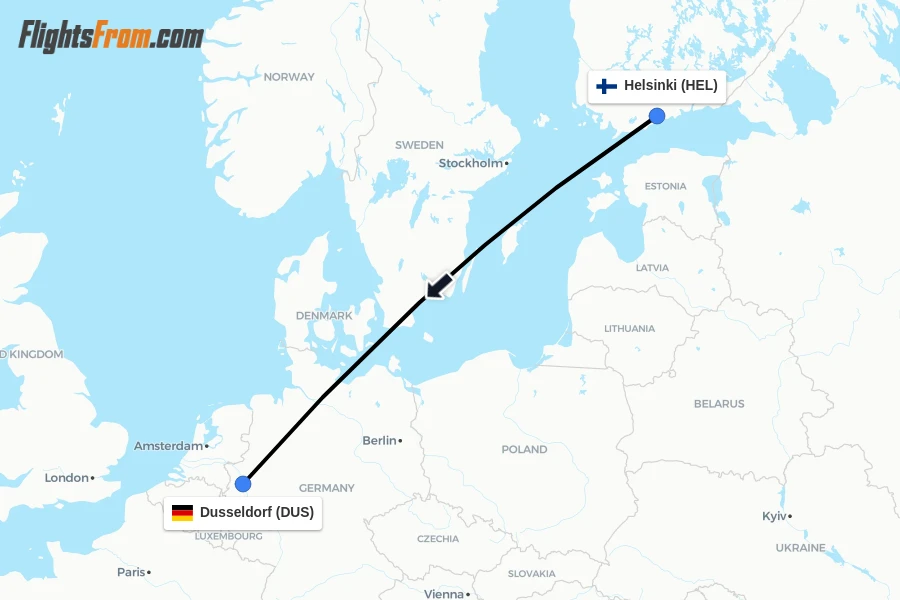 Flights from Helsinki to Dusseldorf route map