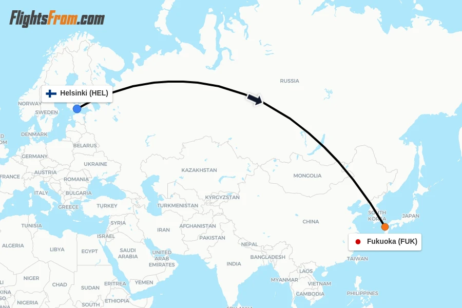 Flights from Helsinki to Fukuoka route map