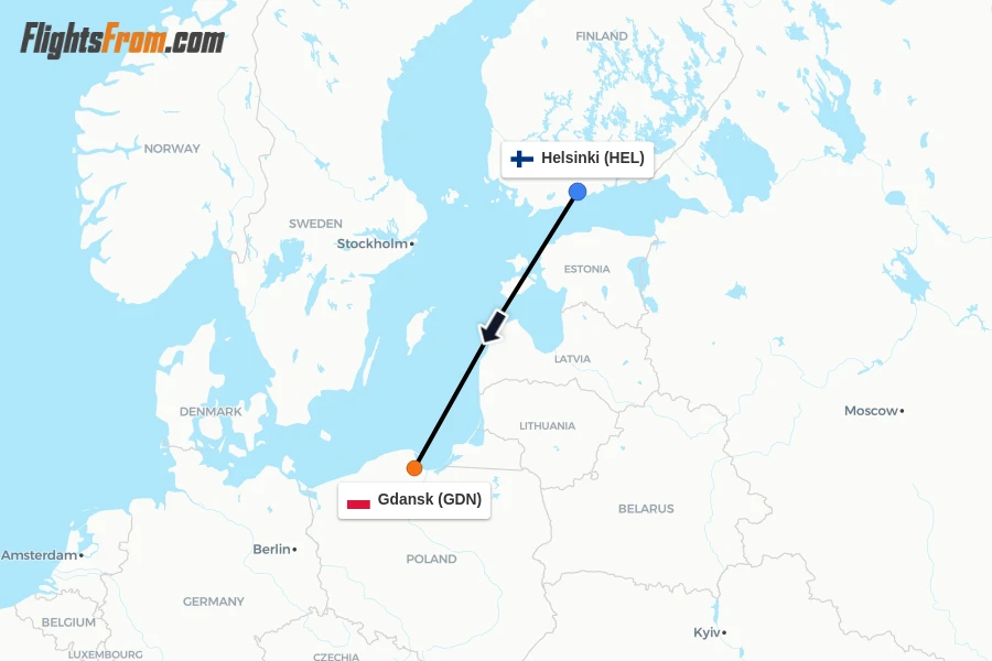 Flights from Helsinki to Gdansk route map