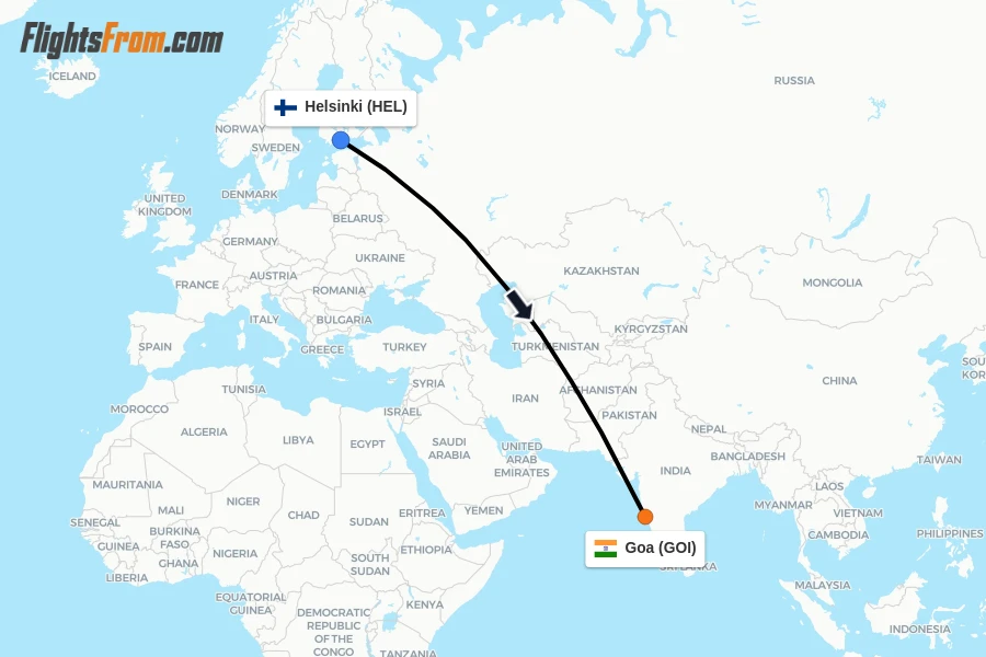 Flights from Helsinki to Goa route map