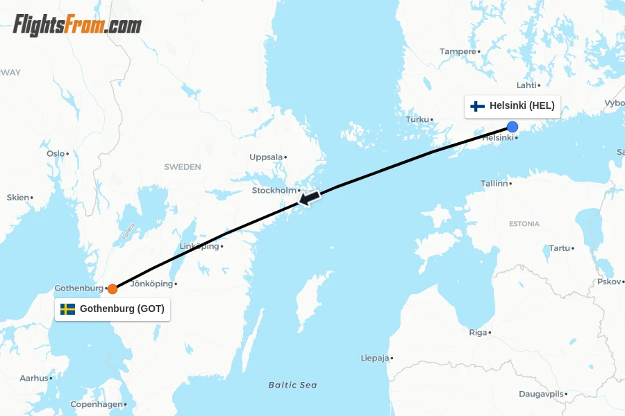 Flights from Helsinki to Gothenburg route map