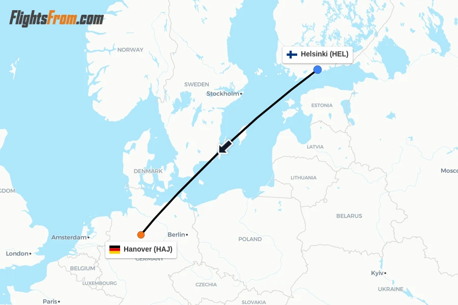 Flights from Helsinki to Hanover route map