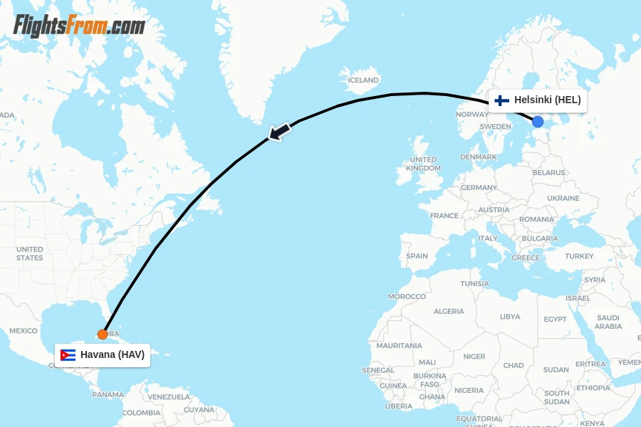 Flights from Helsinki to Havana route map