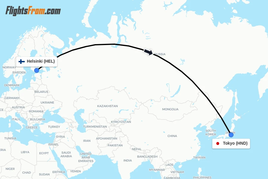 Flights from Helsinki to Tokyo route map