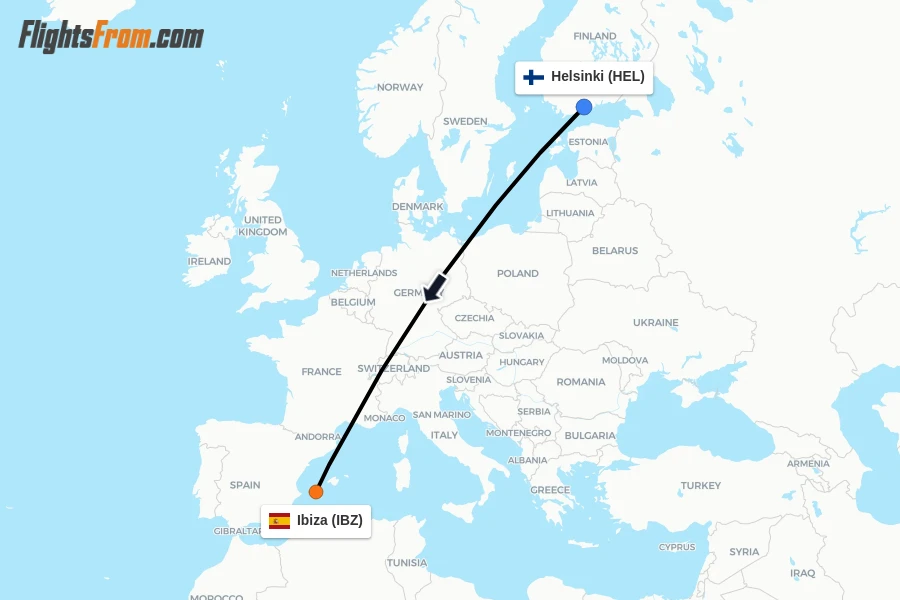 Flights from Helsinki to Ibiza route map