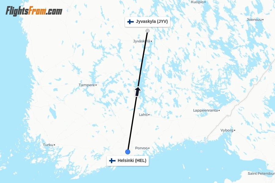 Flights from Helsinki to Jyvaskyla route map