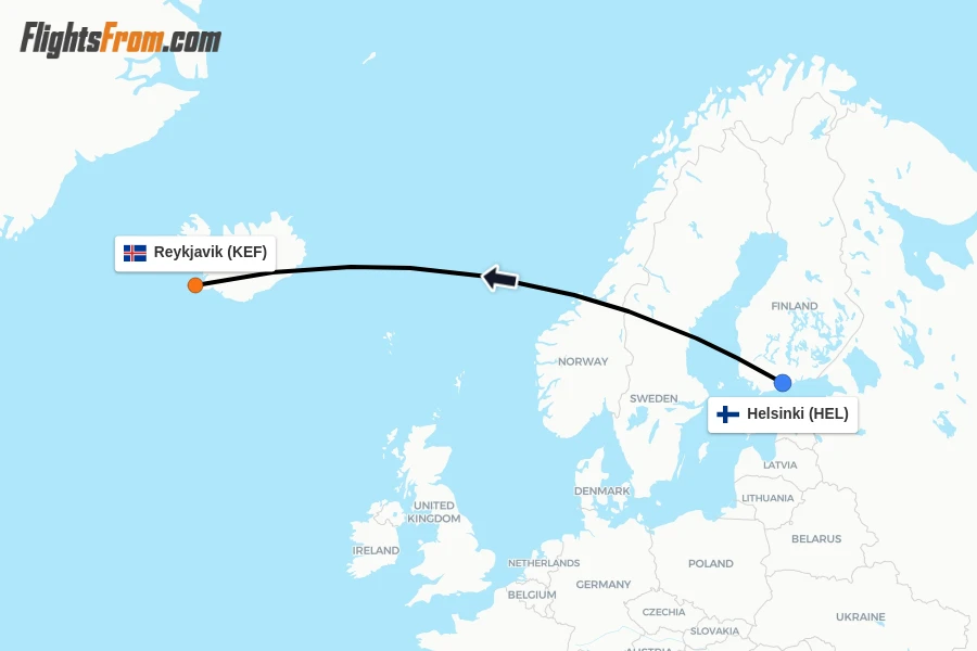 Flights from Helsinki to Reykjavik route map