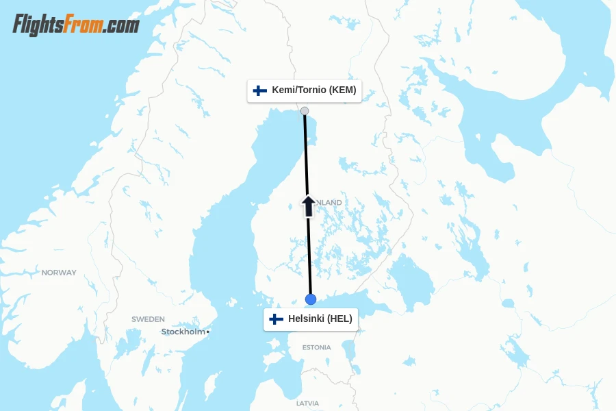 Flights from Helsinki to Kemi/Tornio route map
