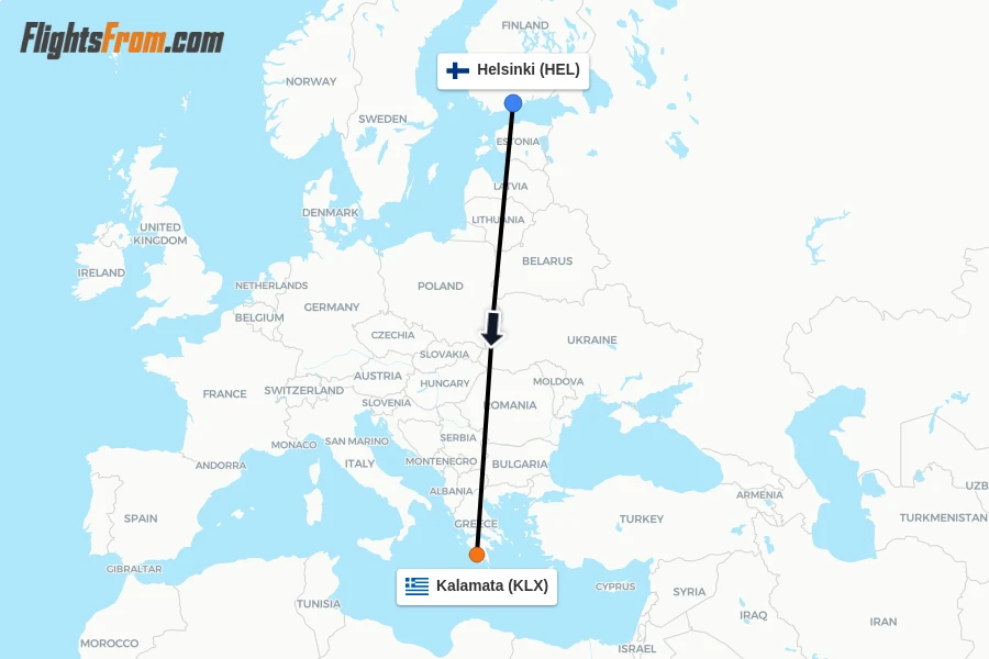 Flights from Helsinki to Kalamata route map