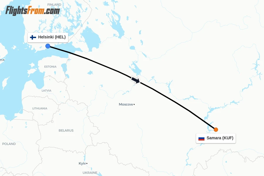 Flights from Helsinki to Samara route map