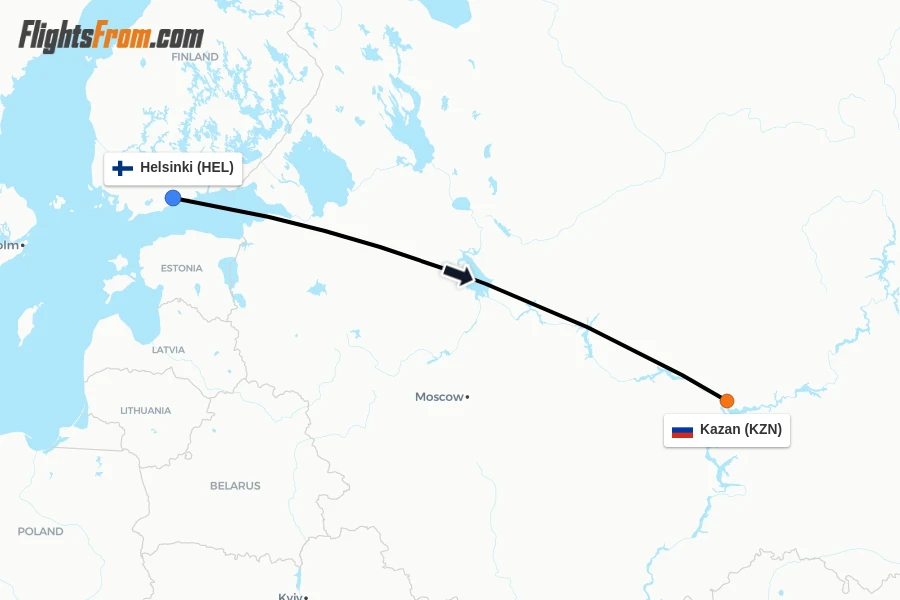 Flights from Helsinki to Kazan route map