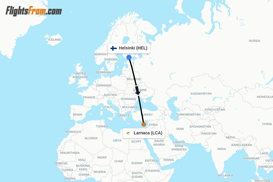 Flights from Helsinki to Larnaca route map