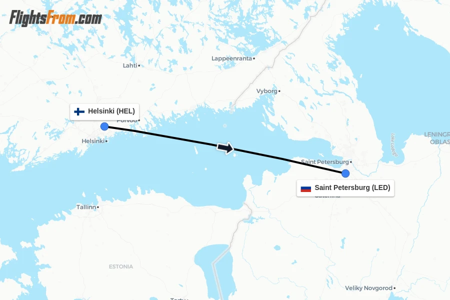 Flights from Helsinki to Saint Petersburg route map