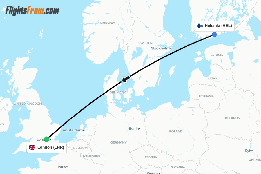 Flights from Helsinki to London route map