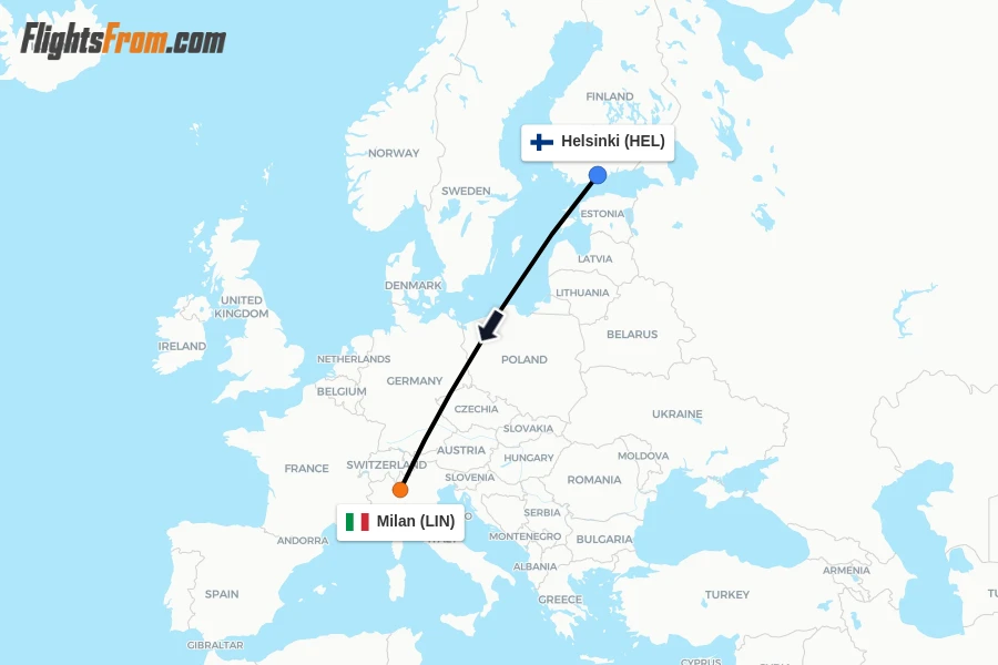Flights from Helsinki to Milan route map