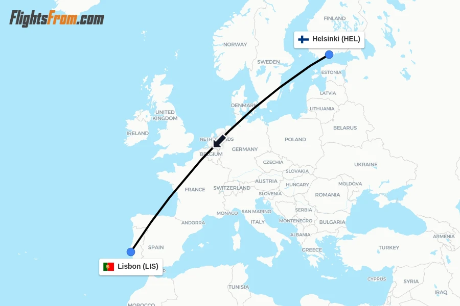 Flights from Helsinki to Lisbon route map