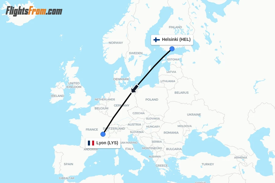 Flights from Helsinki to Lyon route map