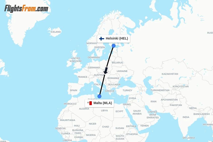 Flights from Helsinki to Malta route map