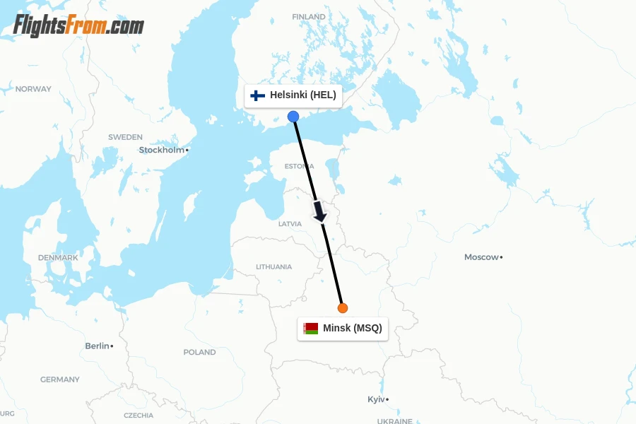 Flights from Helsinki to Minsk route map