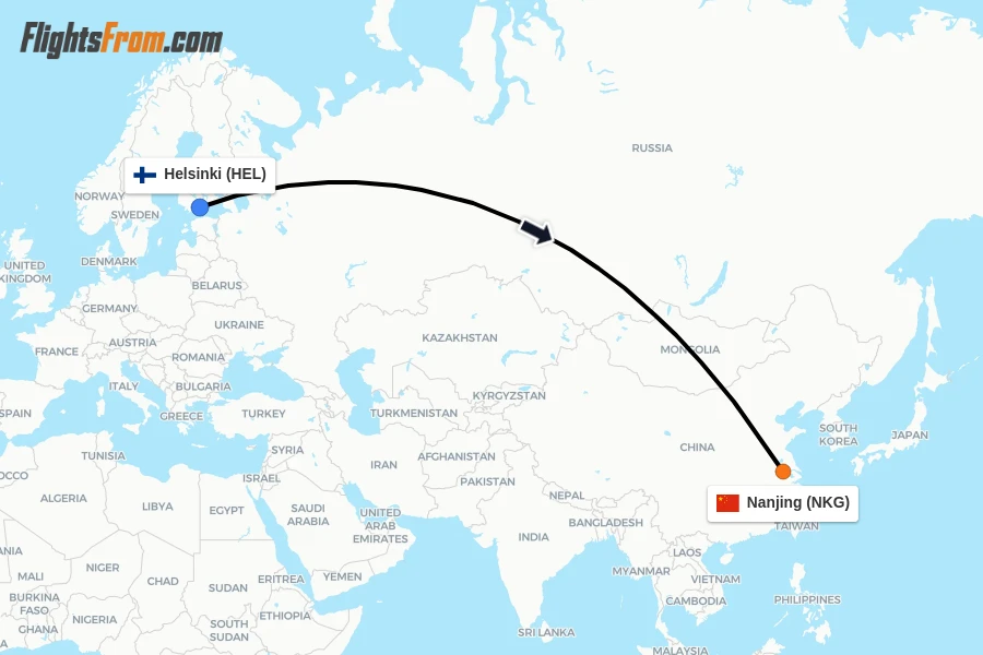 Flights from Helsinki to Nanjing route map