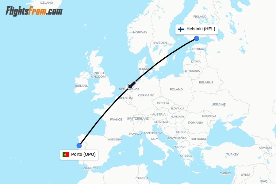 Flights from Helsinki to Porto route map