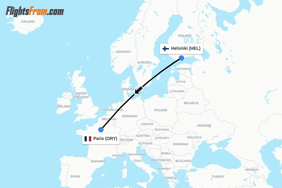 Flights from Helsinki to Paris route map
