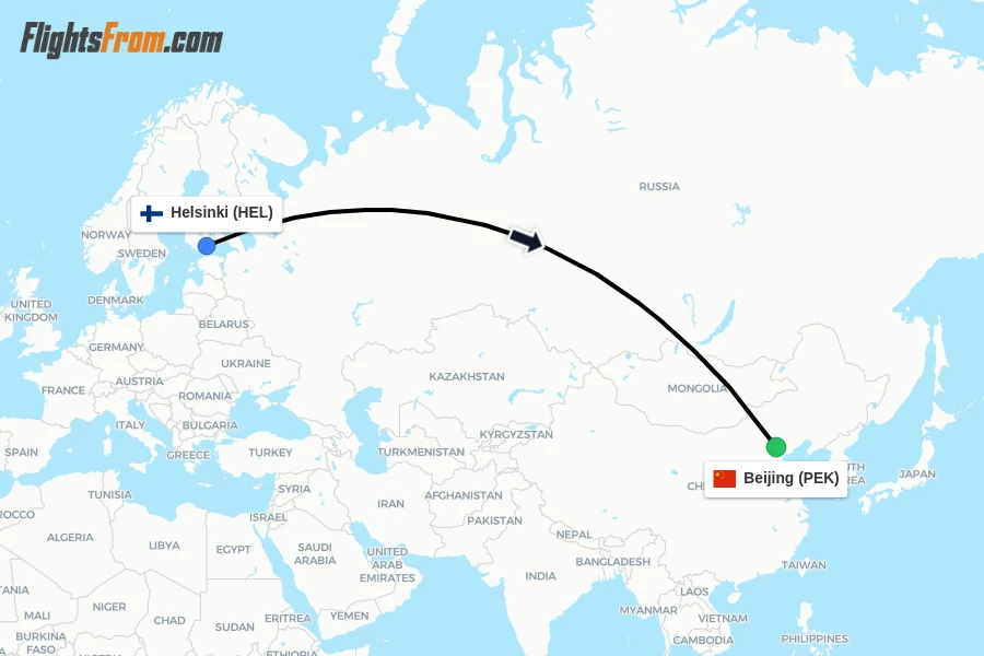 Flights from Helsinki to Beijing route map