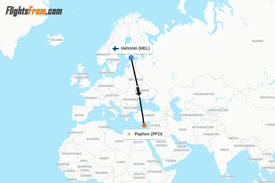Flights from Helsinki to Paphos route map