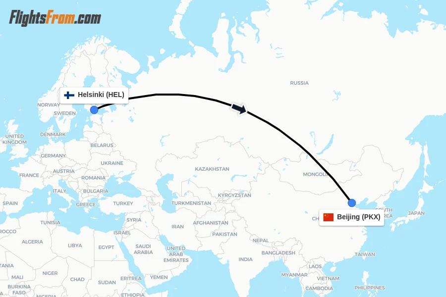 Flights from Helsinki to Beijing route map