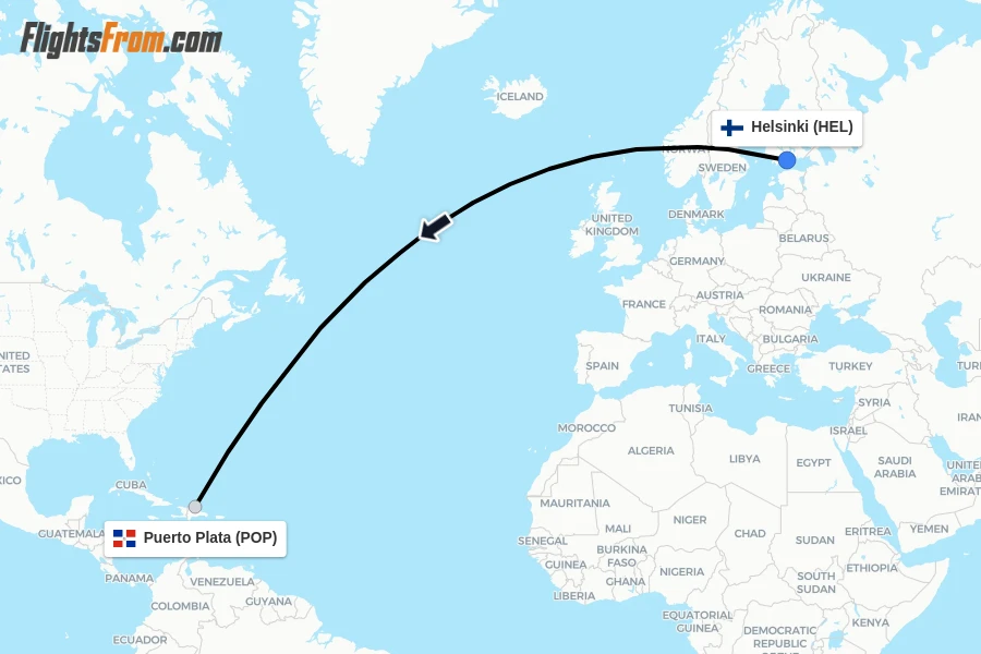 Flights from Helsinki to Puerto Plata route map
