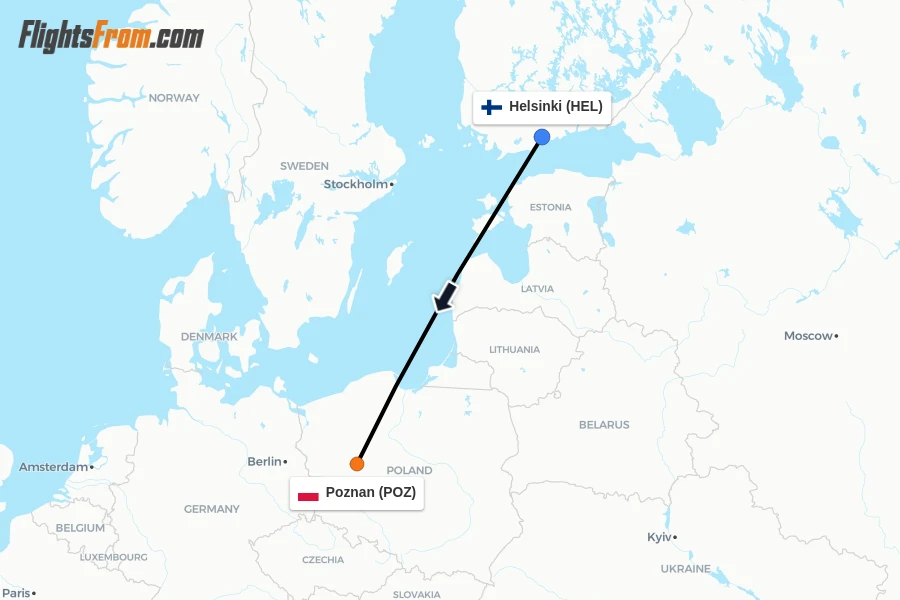 Flights from Helsinki to Poznan route map