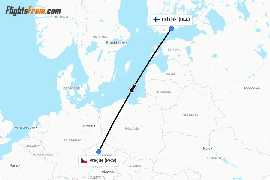 Flights from Helsinki to Prague route map