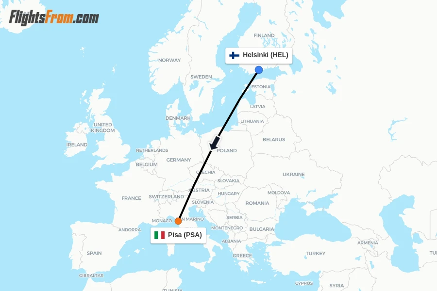 Flights from Helsinki to Pisa route map