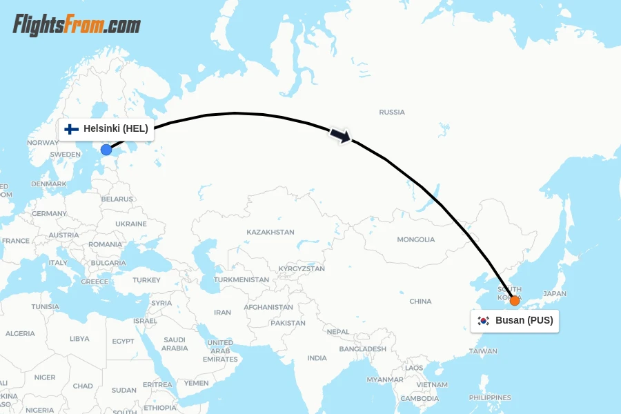 Flights from Helsinki to Busan route map