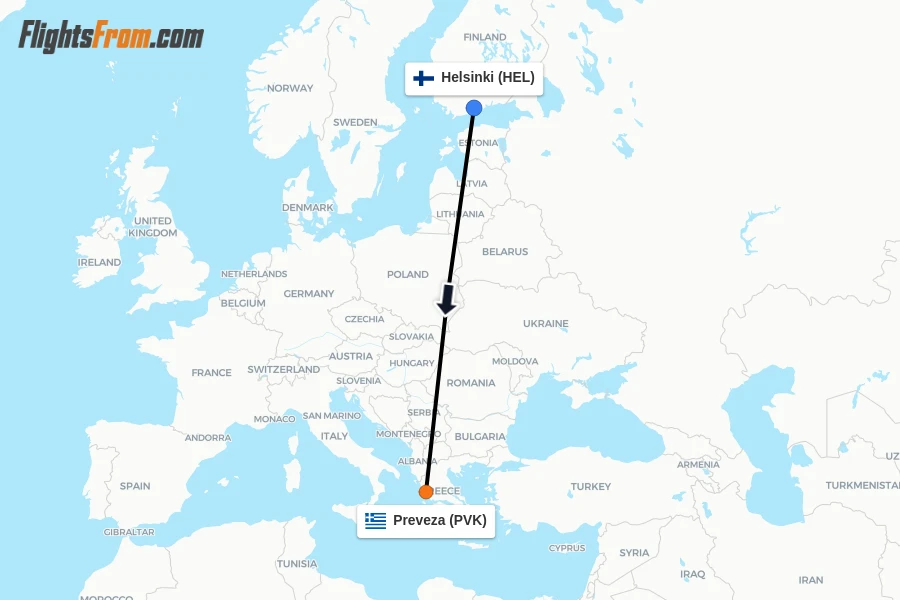 Flights from Helsinki to Preveza route map