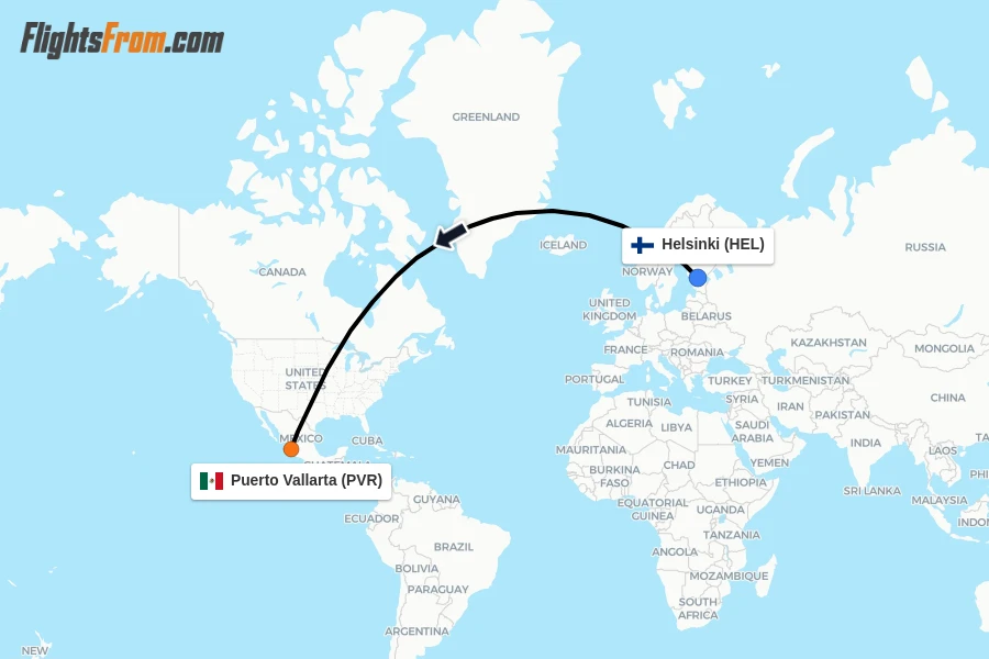 Flights from Helsinki to Puerto Vallarta route map