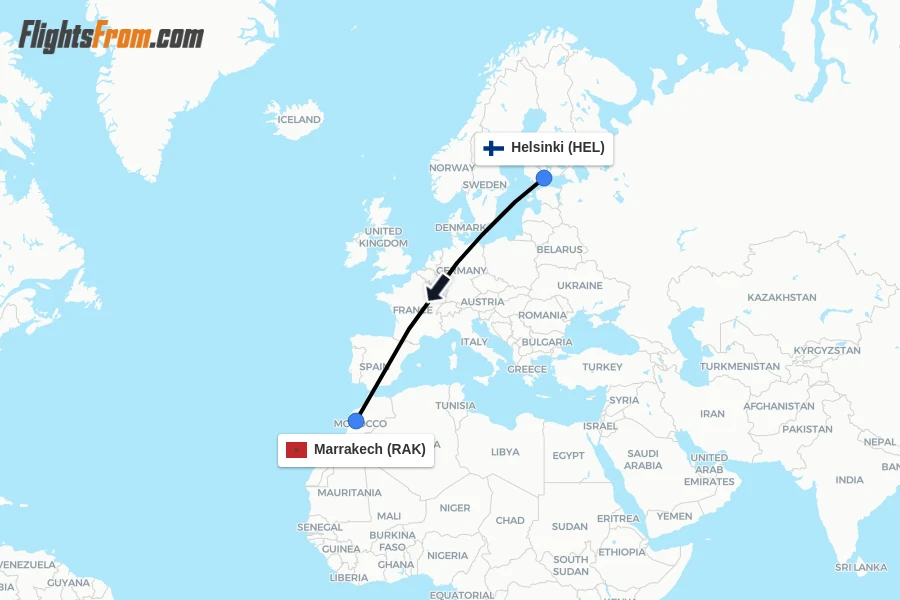 Flights from Helsinki to Marrakech route map