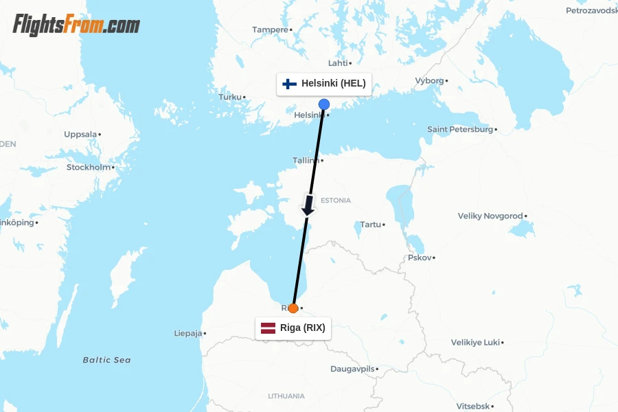 Flights from Helsinki to Riga route map