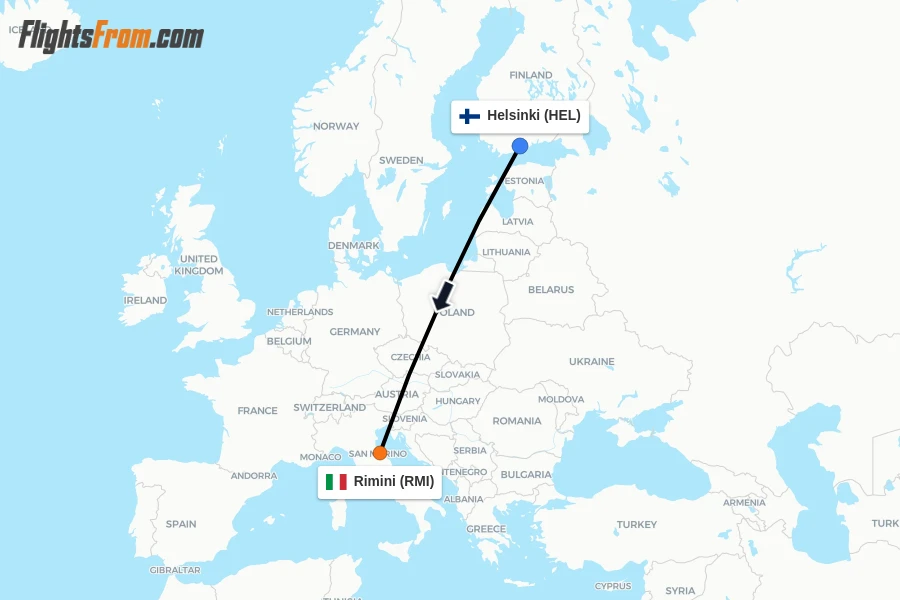 Flights from Helsinki to Rimini route map