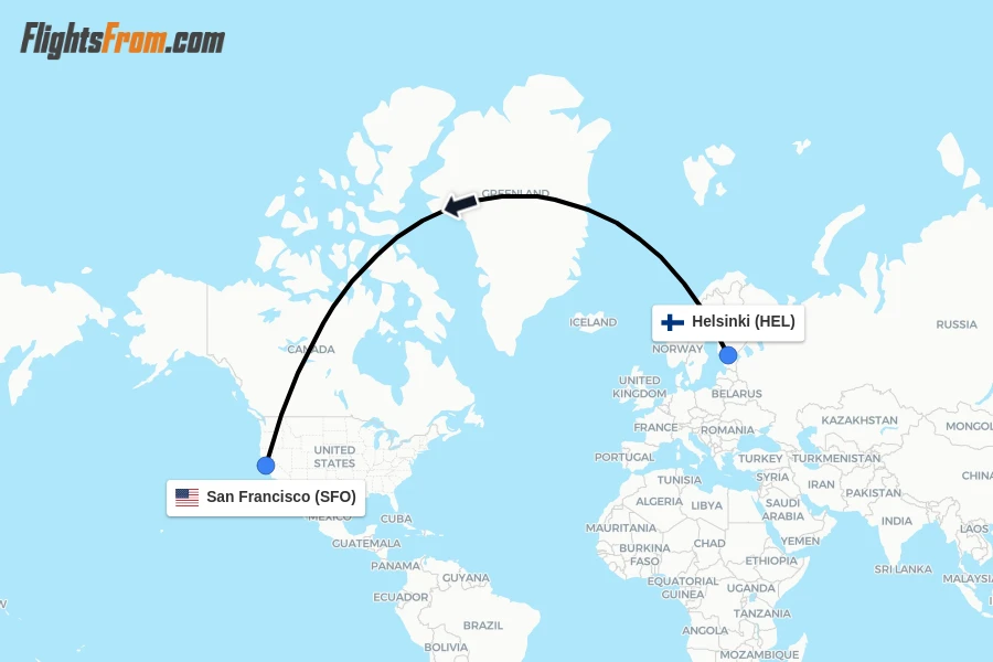 Flights from Helsinki to San Francisco route map