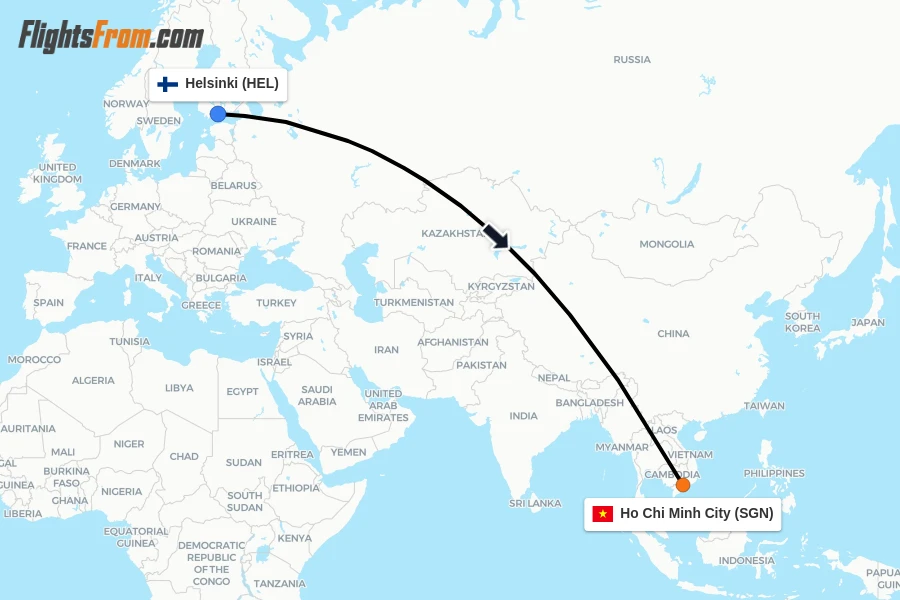 Flights from Helsinki to Ho Chi Minh City route map